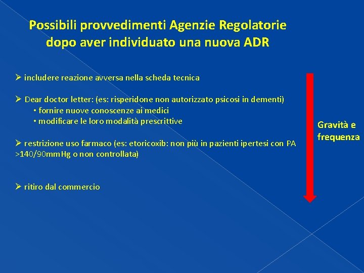 Possibili provvedimenti Agenzie Regolatorie dopo aver individuato una nuova ADR Ø includere reazione avversa Possibili provvedimenti Agenzie Regolatorie dopo aver individuato una nuova ADR Ø includere reazione avversa