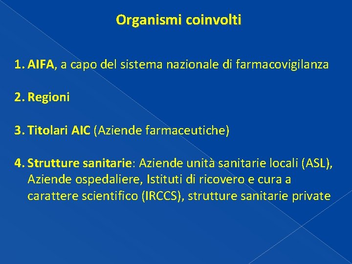 Organismi coinvolti 1. AIFA, a capo del sistema nazionale di farmacovigilanza 2. Regioni 3. Organismi coinvolti 1. AIFA, a capo del sistema nazionale di farmacovigilanza 2. Regioni 3.