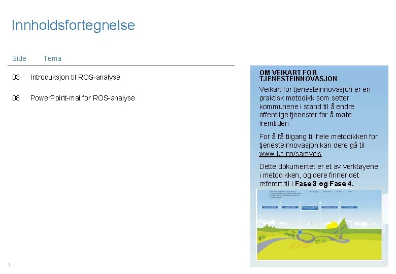 Innholdsfortegnelse Side 03 08 Tema Introduksjon til ROS-analyse Power. Point-mal for ROS-analyse OM VEIKART