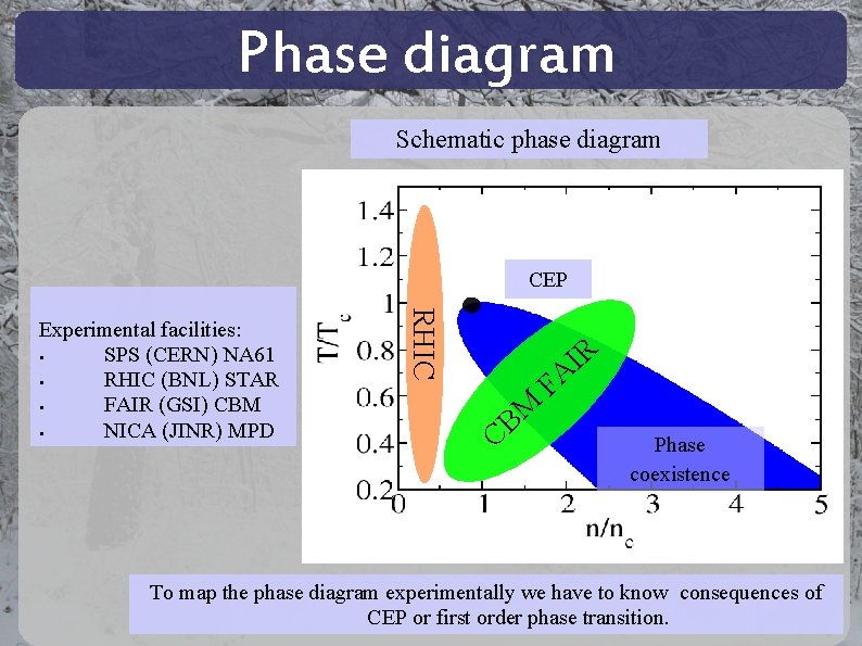 Phase diagram Schematic phase diagram CEP RHIC Experimental facilities: § SPS (CERN) NA 61 Phase diagram Schematic phase diagram CEP RHIC Experimental facilities: § SPS (CERN) NA 61