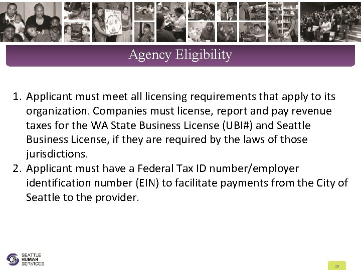 Agency Eligibility 1. Applicant must meet all licensing requirements that apply to its organization.