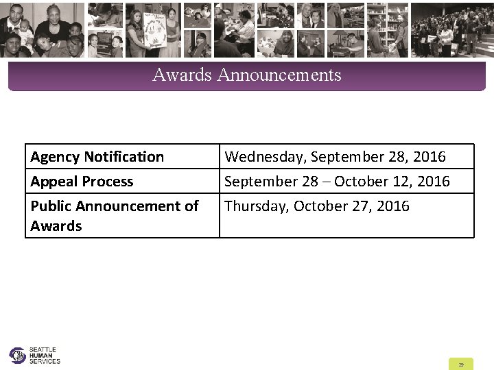 Awards Announcements Agency Notification Appeal Process Public Announcement of Awards Wednesday, September 28, 2016