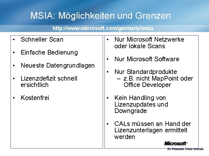 MSIA: Möglichkeiten und Grenzen http: //www. microsoft. com/germany/msia • Schneller Scan • Einfache Bedienung