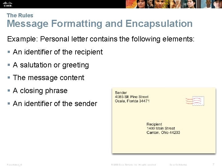 The Rules Message Formatting and Encapsulation Example: Personal letter contains the following elements: §