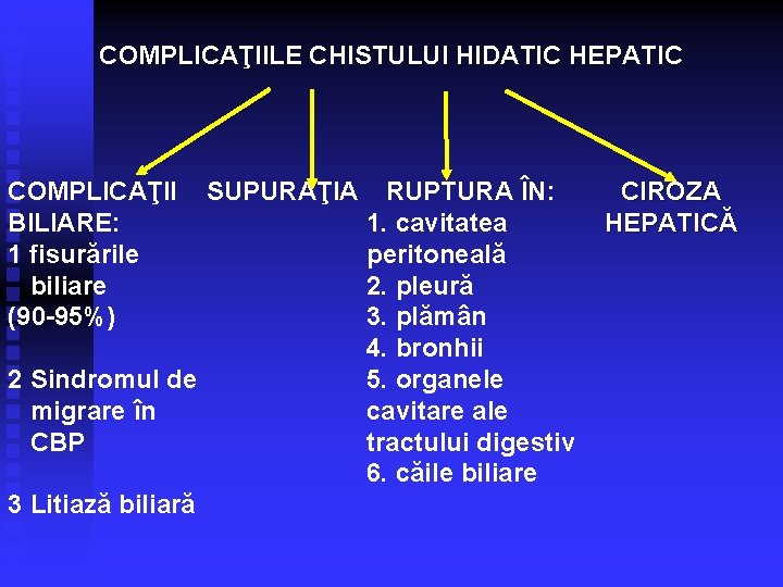 COMPLICAŢIILE CHISTULUI HIDATIC HEPATIC COMPLICAŢII BILIARE: 1 fisurările biliare (90 -95%) 2 Sindromul de