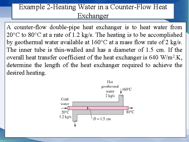 Example 2 -Heating Water in a Counter-Flow Heat Exchanger A counter-flow double-pipe heat exchanger
