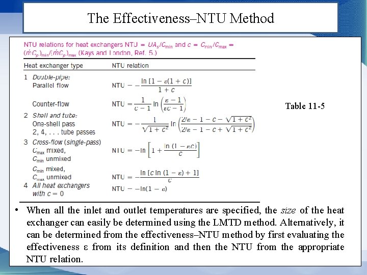 The Effectiveness–NTU Method Table 11 -5 • When all the inlet and outlet temperatures