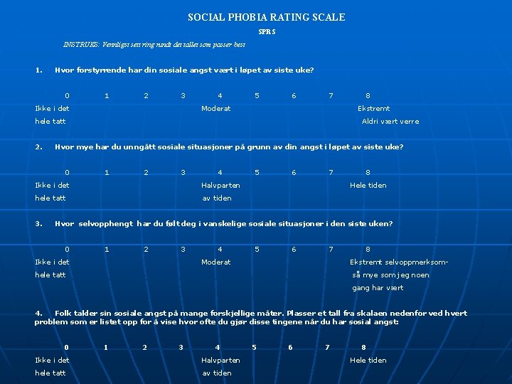 SOCIAL PHOBIA RATING SCALE SPRS INSTRUKS: Vennligst sett ring rundt det tallet som passer