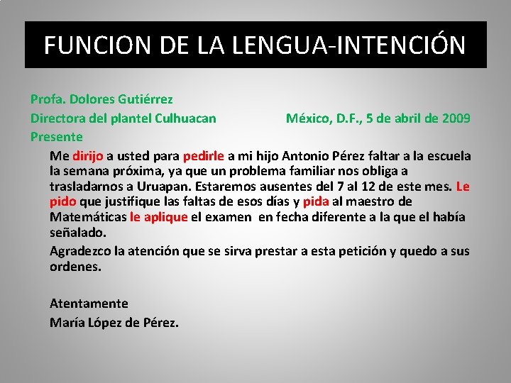 FUNCION DE LA LENGUA-INTENCIÓN Profa. Dolores Gutiérrez Directora del plantel Culhuacan México, D. F.