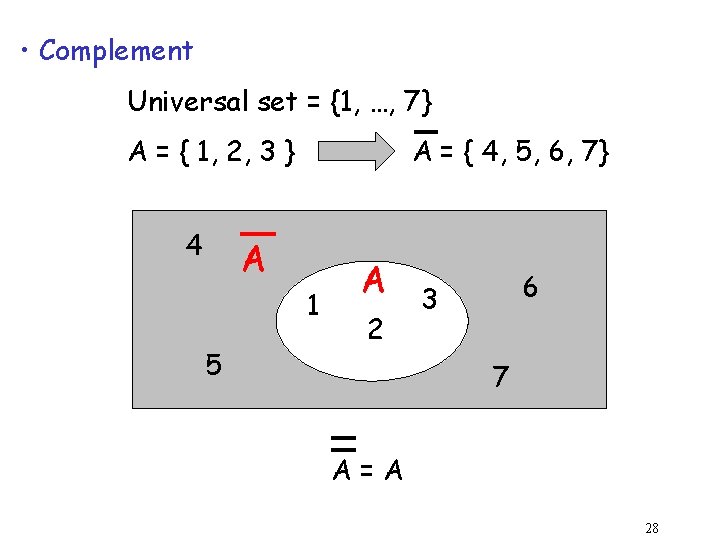  • Complement Universal set = {1, …, 7} A = { 1, 2,