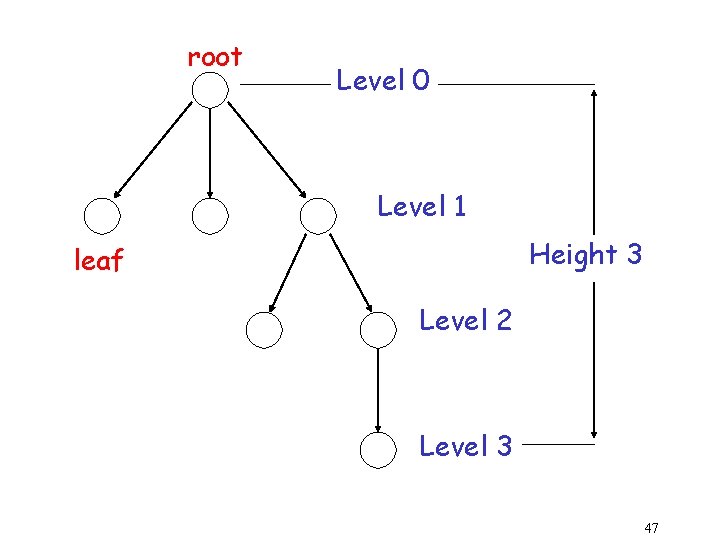 root Level 0 Level 1 Height 3 leaf Level 2 Level 3 47 