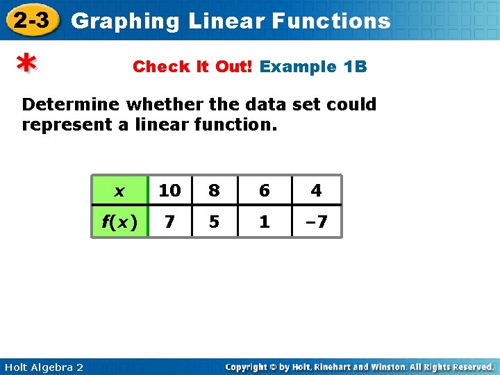 2 -3 Graphing Linear Functions * Check It Out! Example 1 B Determine whether