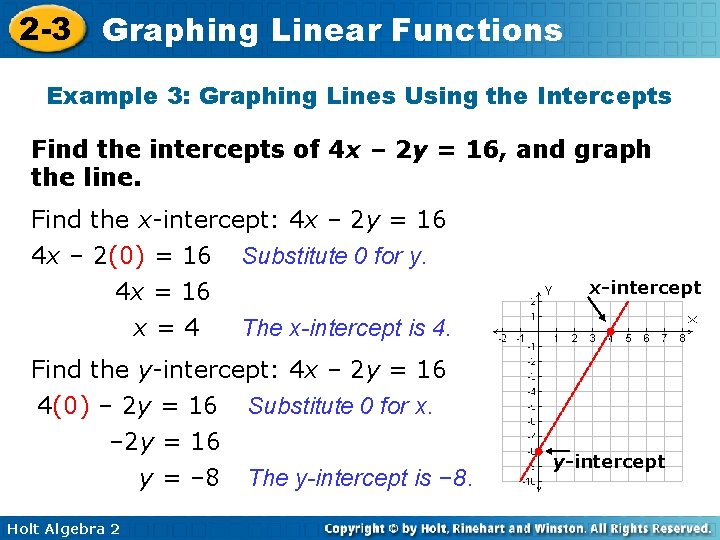 2 -3 Graphing Linear Functions Example 3: Graphing Lines Using the Intercepts Find the