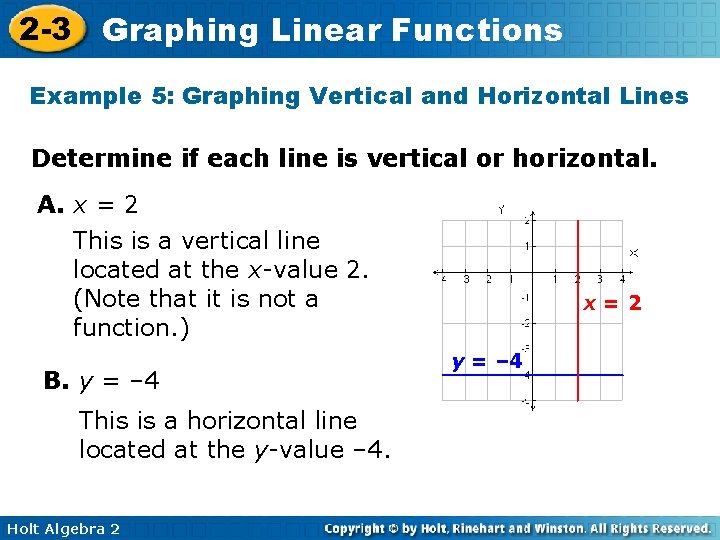 2 -3 Graphing Linear Functions Example 5: Graphing Vertical and Horizontal Lines Determine if