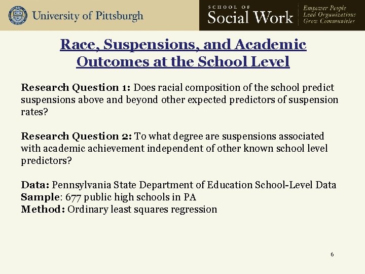 Race, Suspensions, and Academic Outcomes at the School Level Research Question 1: Does racial