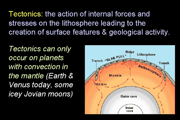 Tectonics: the action of internal forces and stresses on the lithosphere leading to the