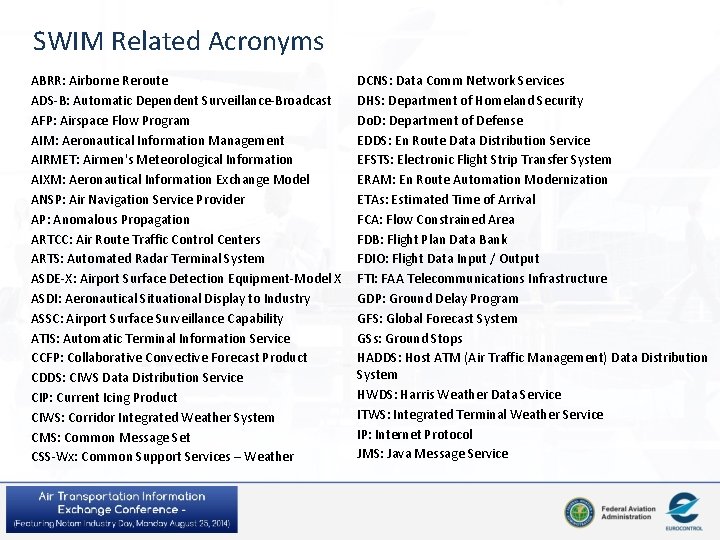 SWIM Related Acronyms ABRR: Airborne Reroute ADS-B: Automatic Dependent Surveillance-Broadcast AFP: Airspace Flow Program