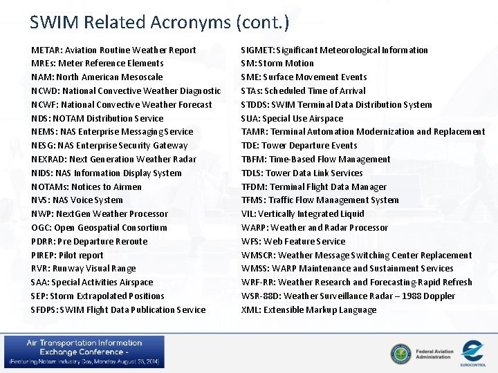 SWIM Related Acronyms (cont. ) METAR: Aviation Routine Weather Report MREs: Meter Reference Elements