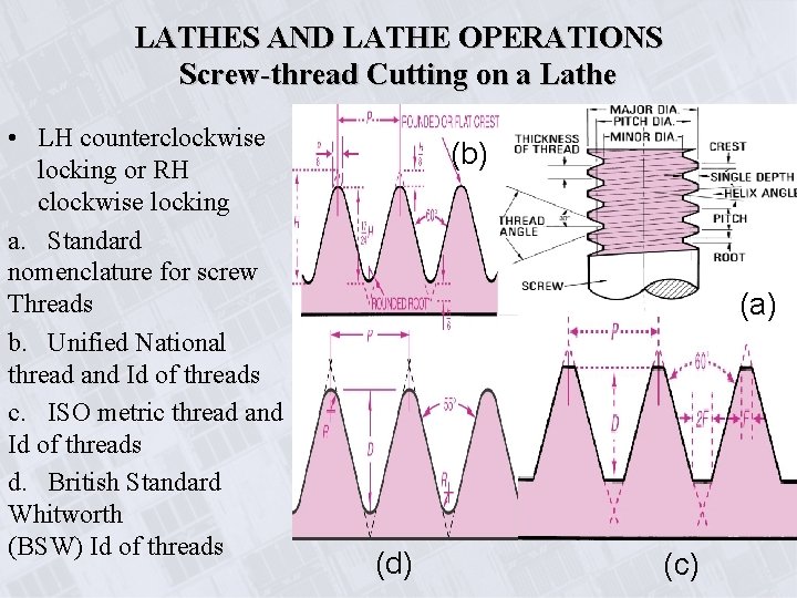 LATHES AND LATHE OPERATIONS Screw-thread Cutting on a Lathe • LH counterclockwise locking or