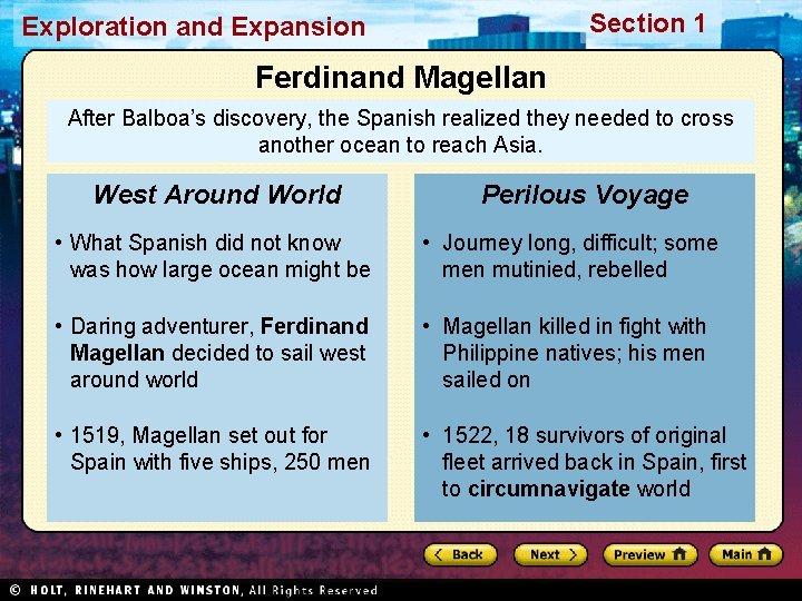 Section 1 Exploration and Expansion Ferdinand Magellan After Balboa’s discovery, the Spanish realized they