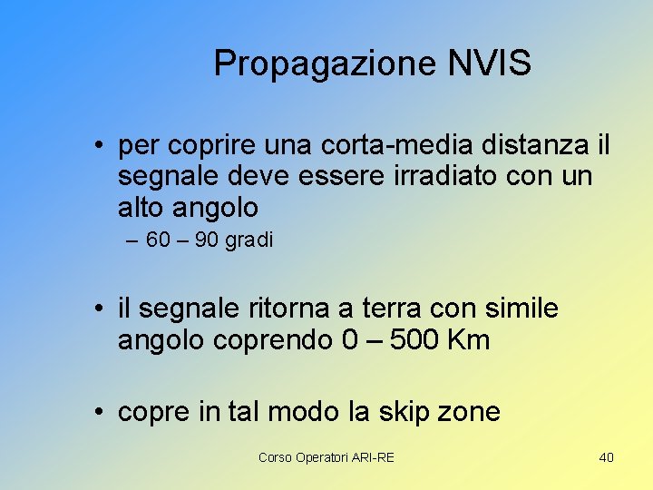 Propagazione NVIS • per coprire una corta-media distanza il segnale deve essere irradiato con