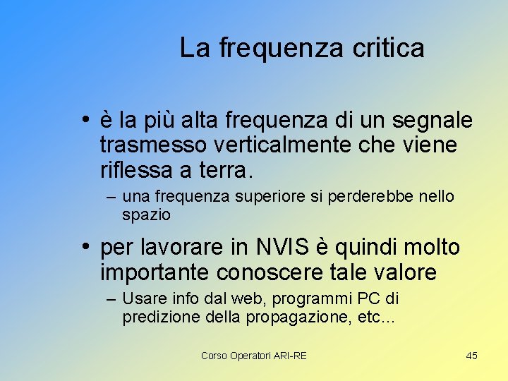 La frequenza critica • è la più alta frequenza di un segnale trasmesso verticalmente