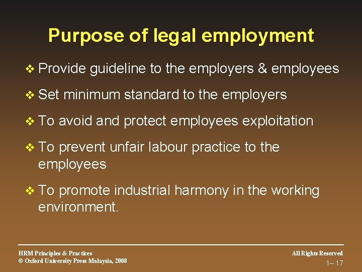 Purpose of legal employment v Provide v Set v To guideline to the employers