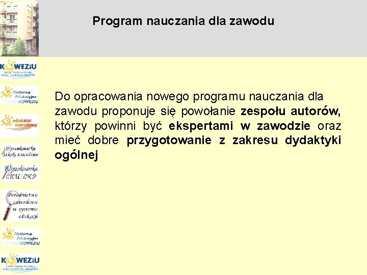 Program nauczania dla zawodu Do opracowania nowego programu nauczania dla zawodu proponuje się powołanie