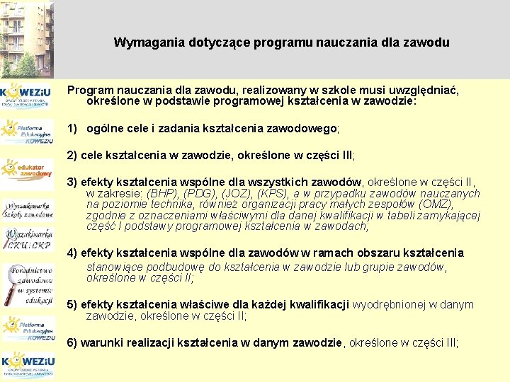 Wymagania dotyczące programu nauczania dla zawodu Program nauczania dla zawodu, realizowany w szkole musi