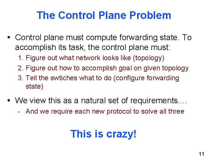 The Control Plane Problem • Control plane must compute forwarding state. To accomplish its