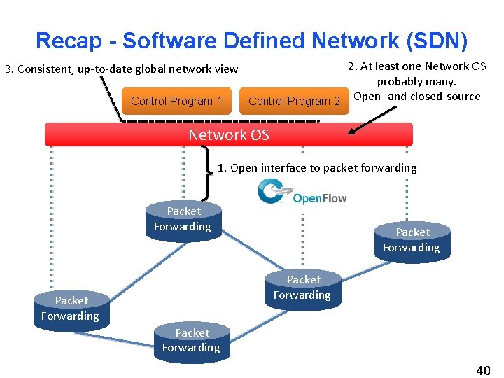 Recap - Software Defined Network (SDN) 3. Consistent, up-to-date global network view Control Program