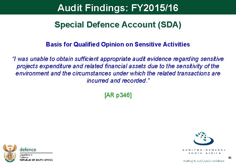 Audit Findings: FY 2015/16 Special Defence Account (SDA) Basis for Qualified Opinion on Sensitive