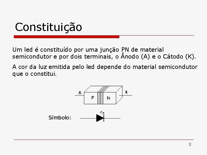 Constituição Um led é constituído por uma junção PN de material semicondutor e por