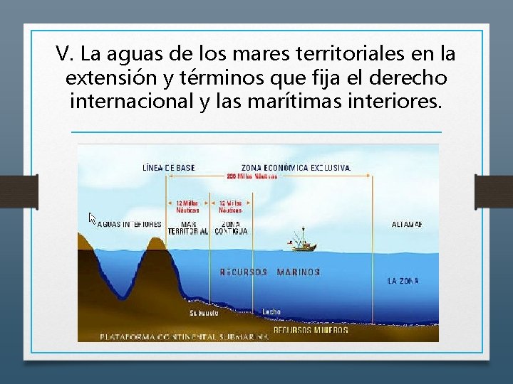 V. La aguas de los mares territoriales en la extensión y términos que fija