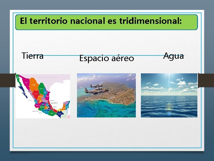 El territorio nacional es tridimensional: Tierra Espacio aéreo Agua 