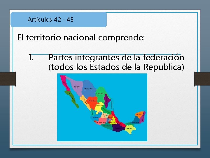 Artículos 42 - 45 El territorio nacional comprende: I. Partes integrantes de la federación