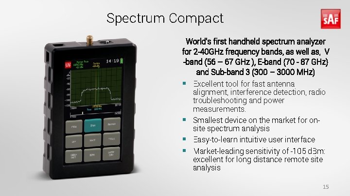 Spectrum Compact World’s first handheld spectrum analyzer for 2 -40 GHz frequency bands, as