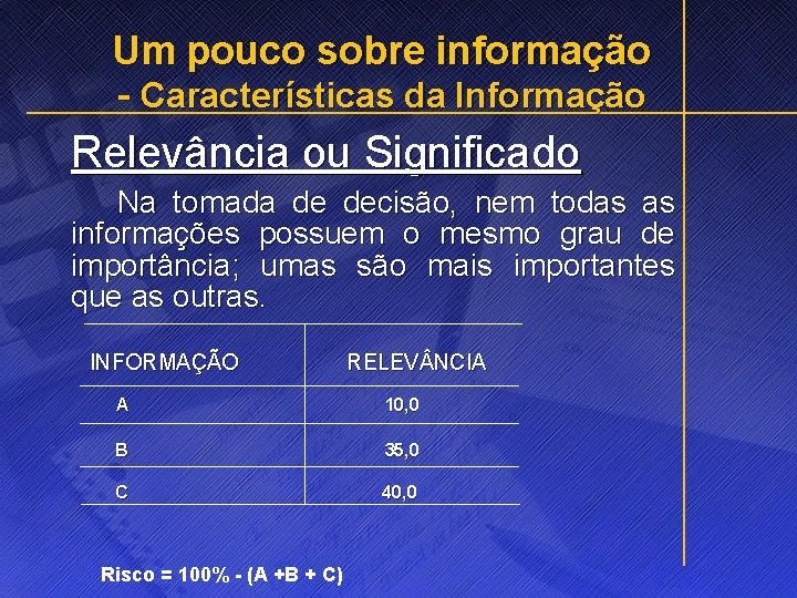 Um pouco sobre informação - Características da Informação Relevância ou Significado Na tomada de