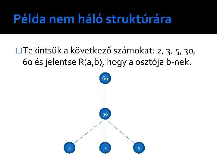 Példa nem háló struktúrára �Tekintsük a következő számokat: 2, 3, 5, 30, 60 és