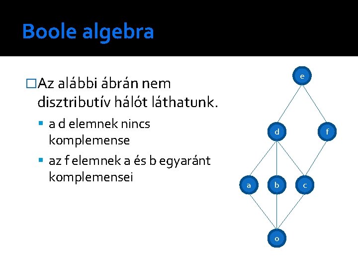 Boole algebra e �Az alábbi ábrán nem disztributív hálót láthatunk. a d elemnek nincs