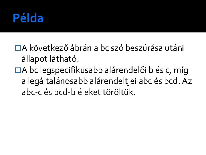 Példa �A következő ábrán a bc szó beszúrása utáni állapot látható. �A bc legspecifikusabb