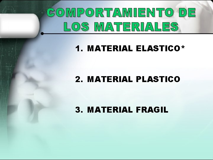 COMPORTAMIENTO DE LOS MATERIALES 1. MATERIAL ELASTICO* 2. MATERIAL PLASTICO 3. MATERIAL FRAGIL 