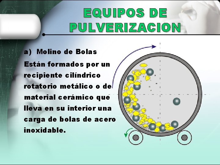 EQUIPOS DE PULVERIZACION a) Molino de Bolas Están formados por un recipiente cilíndrico rotatorio