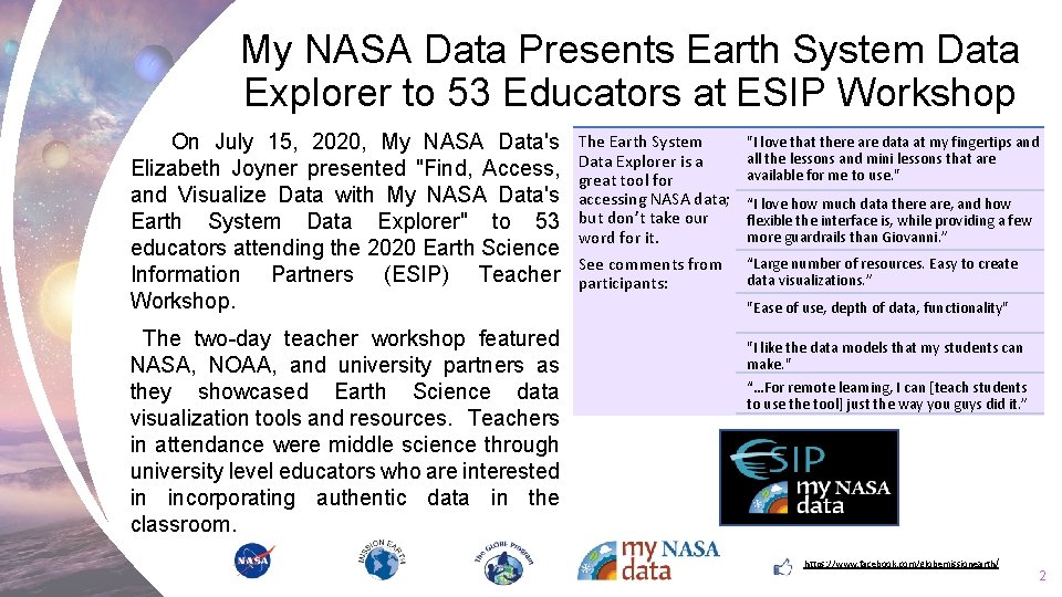 My NASA Data Presents Earth System Data Explorer to 53 Educators at ESIP Workshop