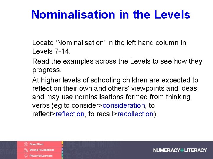 Nominalisation in the Levels • • • Locate ‘Nominalisation’ in the left hand column