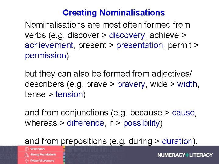 Creating Nominalisations • Nominalisations are most often formed from verbs (e. g. discover >