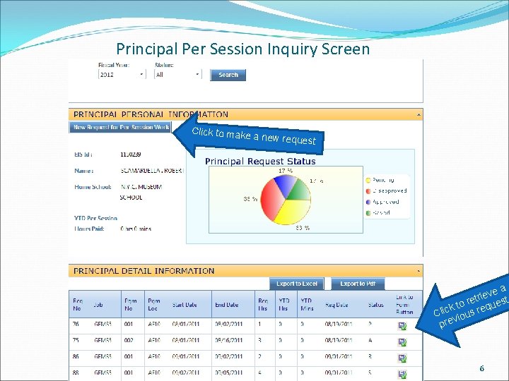 Principal Per Session Inquiry Screen Click to make a new reques t ve a