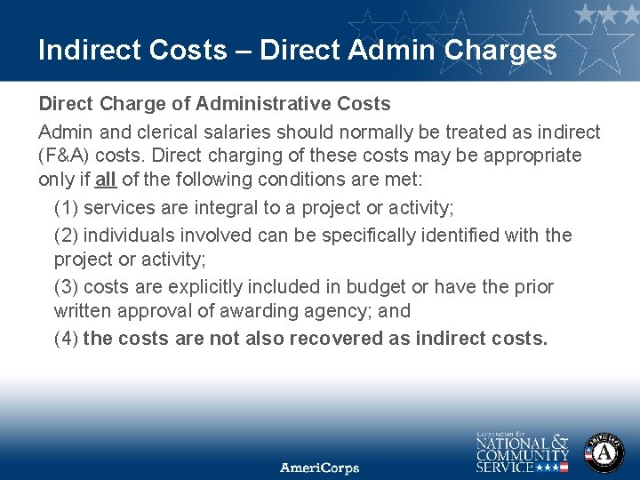 Indirect Costs – Direct Admin Charges Direct Charge of Administrative Costs Admin and clerical
