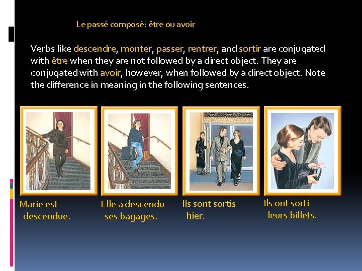 Le passé composé: être ou avoir Verbs like descendre, monter, passer, rentrer, and sortir