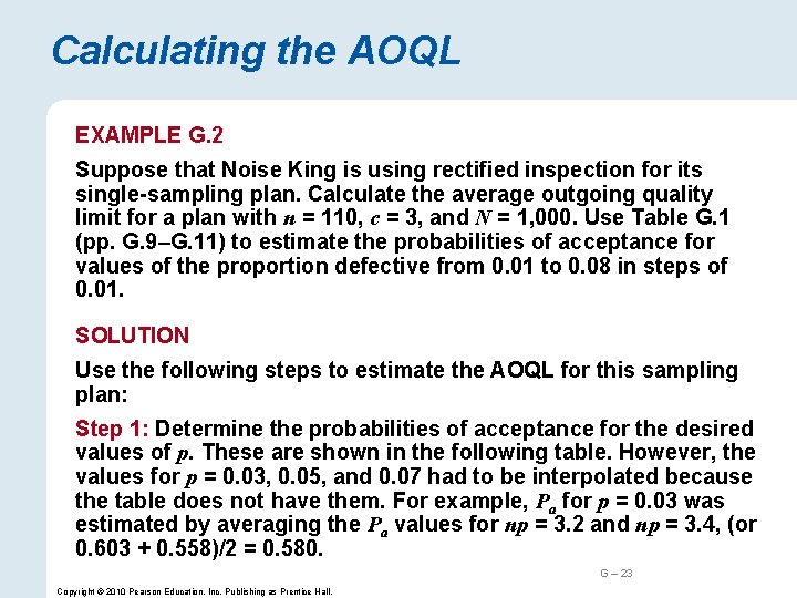 Calculating the AOQL EXAMPLE G. 2 Suppose that Noise King is using rectified inspection
